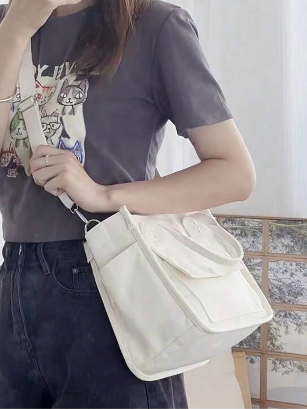 Cream Canvas Crossbody Tote Bag | Multi Pocket Casual Shoulder Bag NWT - Picture 4 of 4